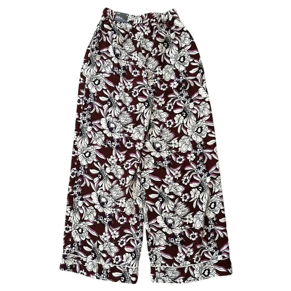 NWT Express Stylist Super High Rise Satin Pleated Wide Leg Maroon Floral Pants 6